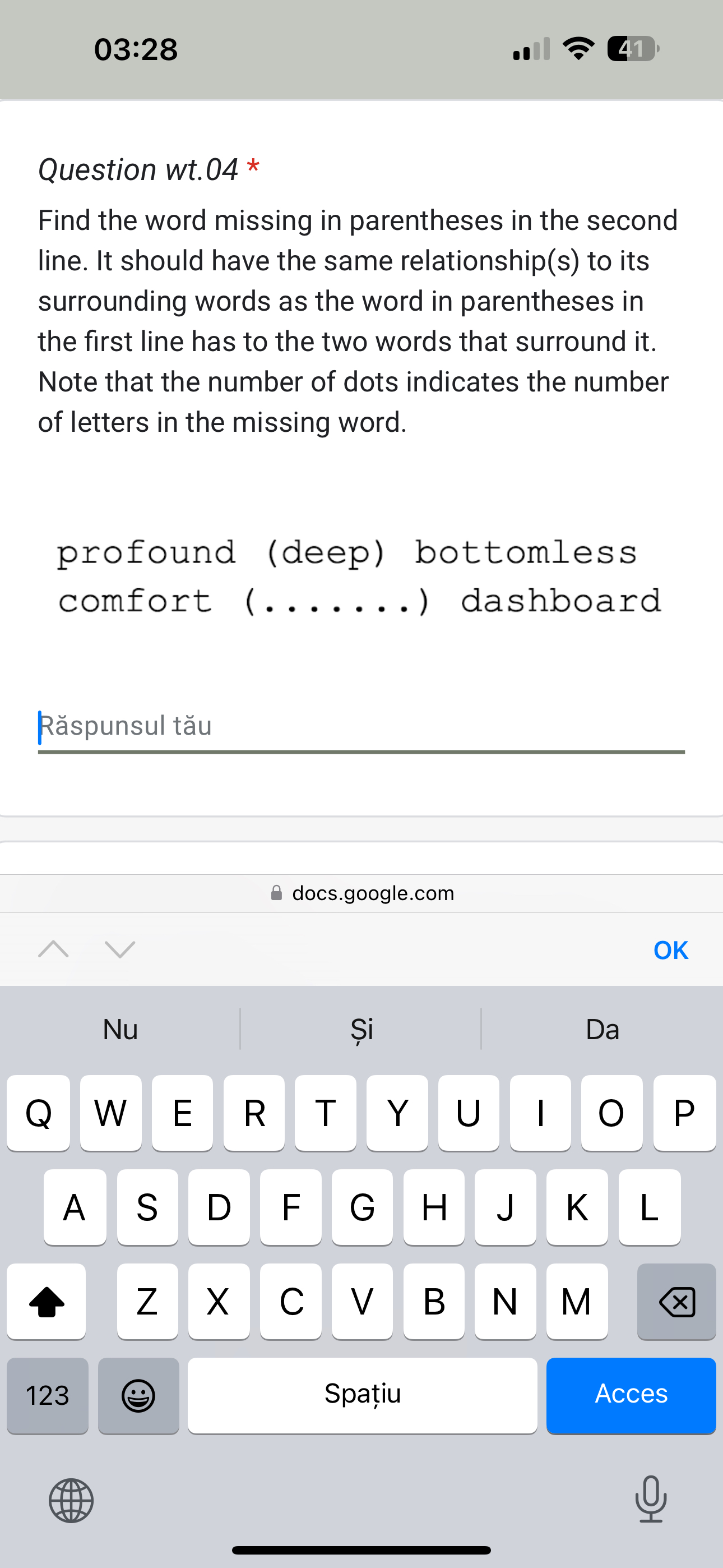 Solved 03:28Question wt. 04 *Find the word missing in | Chegg.com