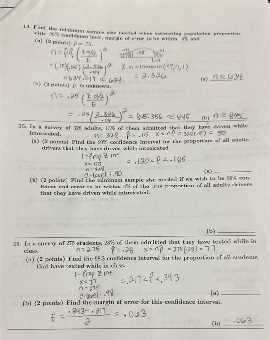 Solved 14. Find the minimum sample nize needed when | Chegg.com