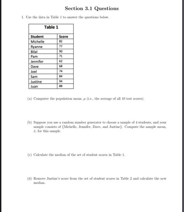 Solved Section 3.1 Questions 1. Use the data in Table 1 to | Chegg.com