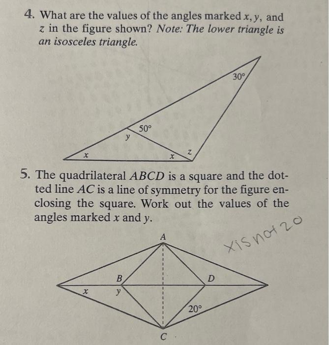 Solved 4. What are the values of the angles marked x,y, and | Chegg.com