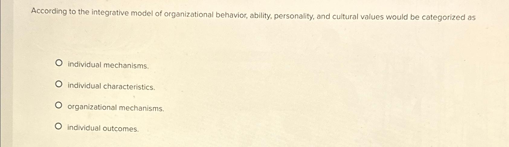 Solved According to the integrative model of organizational | Chegg.com