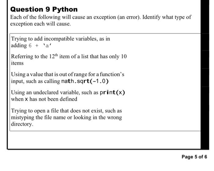 Solved Question 9 Python Each of the following will cause an | Chegg.com
