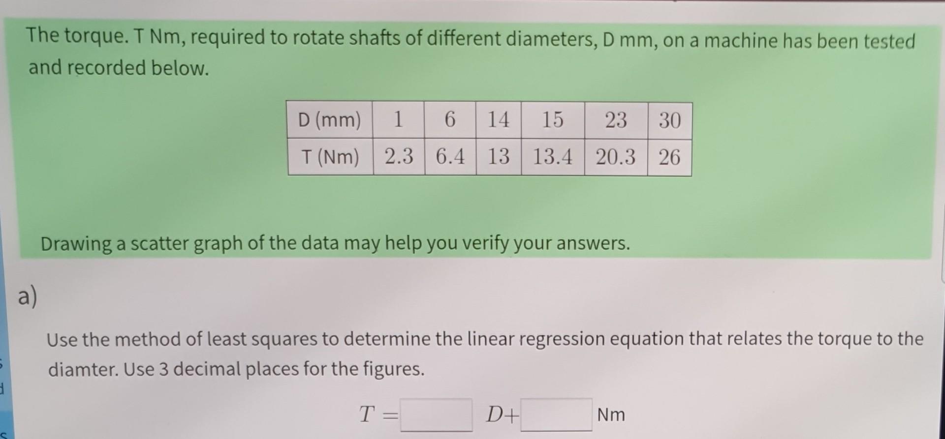 Solved The torque. T Nm, required to rotate shafts of