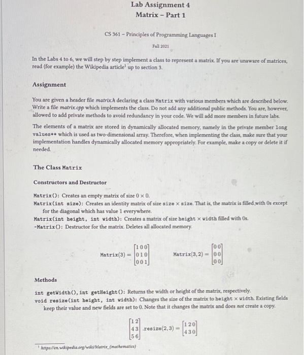 Solved Lab Assignment 4 Matrix - Part 1 CS 361 - Principles | Chegg.com