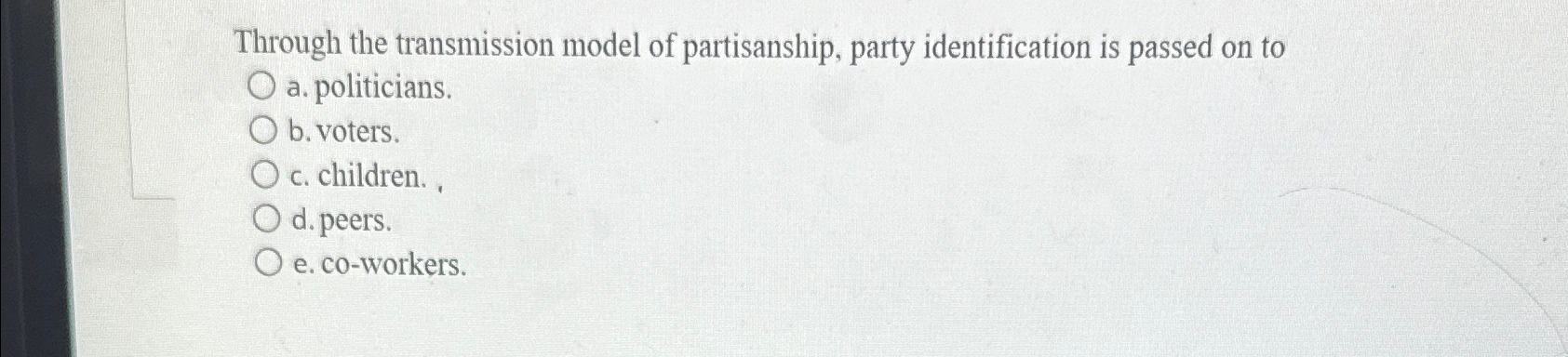 Solved Through The Transmission Model Of Partisanship, Party | Chegg.com