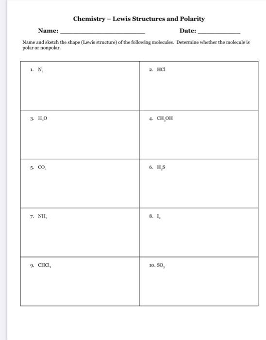 Solved Chemistry - Lewis Structures and Polarity Name: Date: | Chegg.com