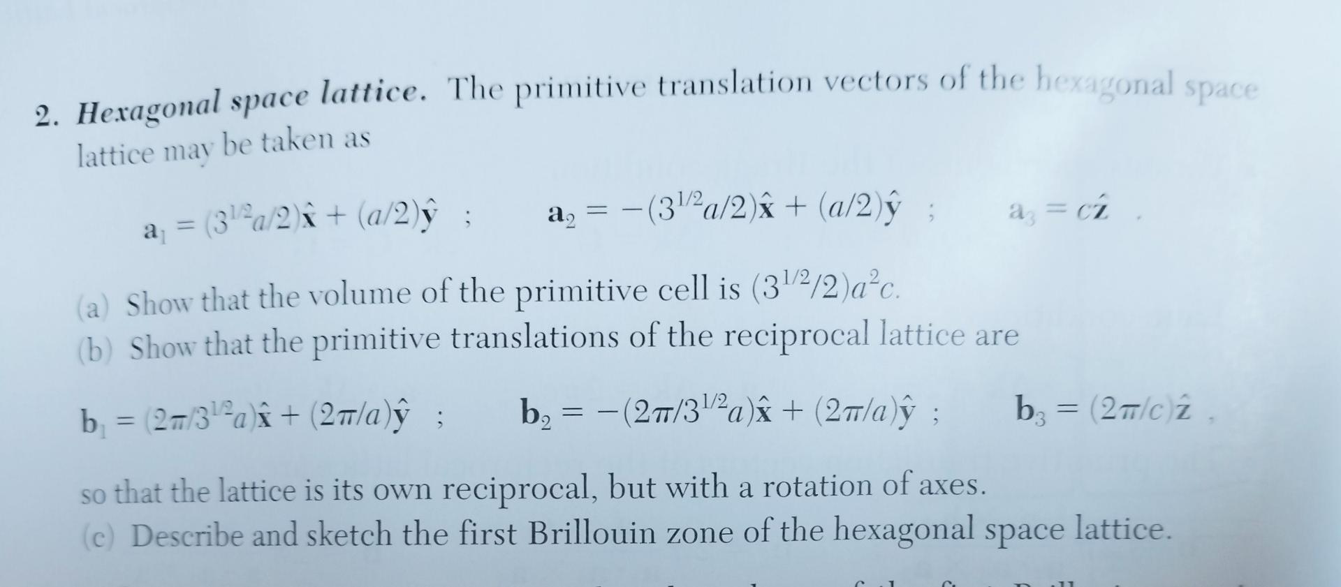 2. Hexagonal space lattice. The primitive translation vectors of the hexagonal space lattice may be taken as
\[
\mathrm{a}_{1