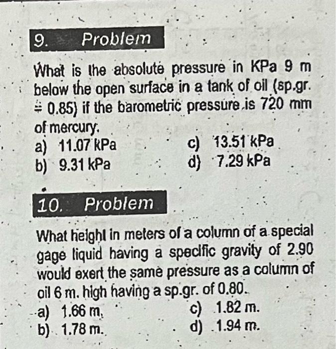 Solved What is the absolute pressure in KPa9 m below the