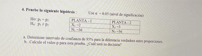 4. Pruebe la siguiente hipótesis : Use a = 0.05 (nivel de significación) Ho: p1-72 PLANTA-1 PLANTA - 2 H: P1 #P2 X =2 X = 3 N