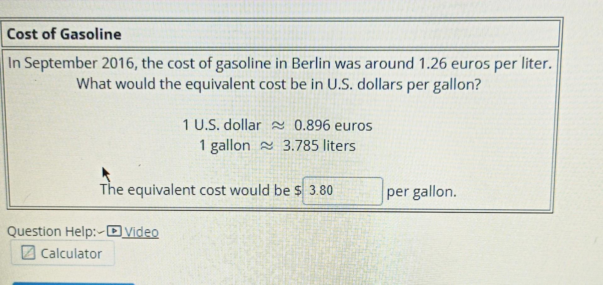 Convert from euros per liter to US dollars per gallon 