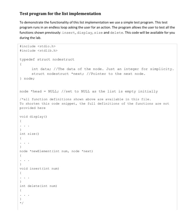 Solved Test program for the list implementation To | Chegg.com