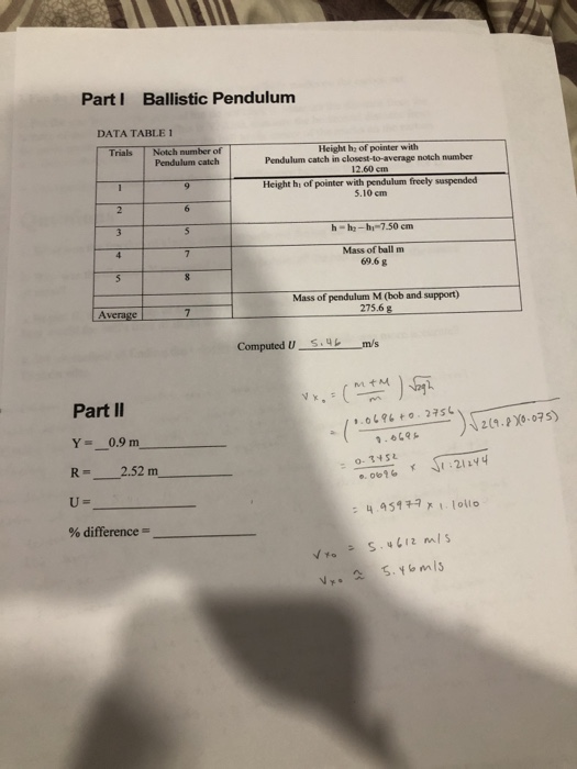 Solved Partl Ballistic Pendulum DATA TABLE 1 Trials Notch | Chegg.com