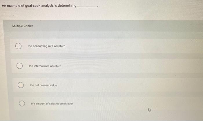 Solved An example of goal-seek analysis is determining | Chegg.com