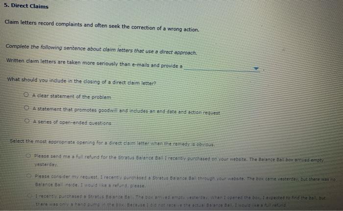 5. Direct Claims Claim letters record complaints and | Chegg.com