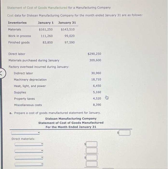 Solved Statement of Cost of Goods Manufactured for a | Chegg.com