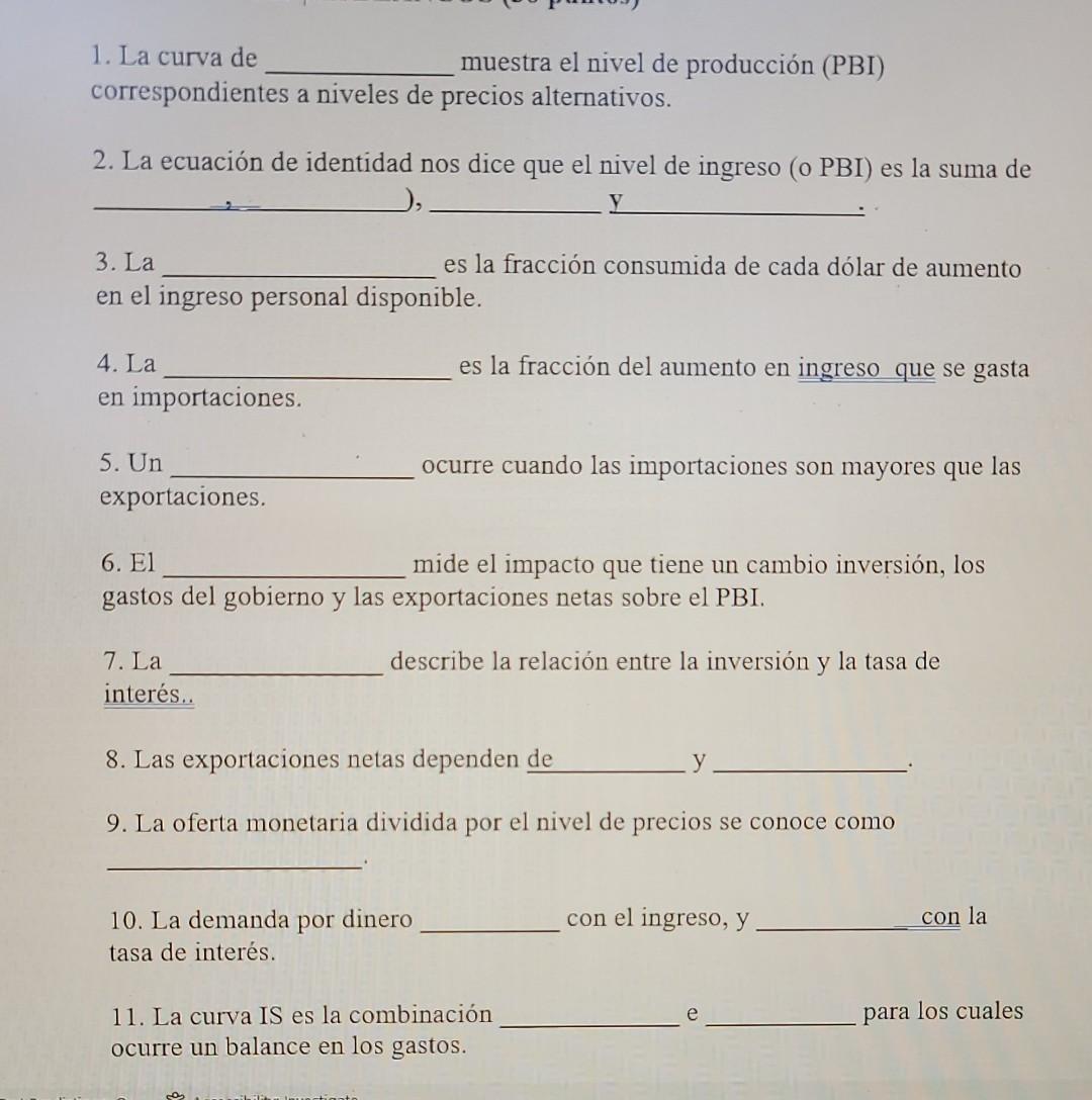 1. La curva de muestra el nivel de producción (PBI) correspondientes a niveles de precios alternativos. 2. La ecuación de ide