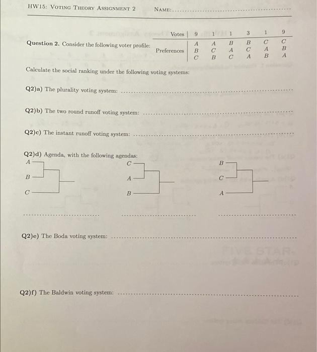 Solved HW15: VOTING THEORY ASSIGNMENT 2 Question 2. Consider | Chegg.com