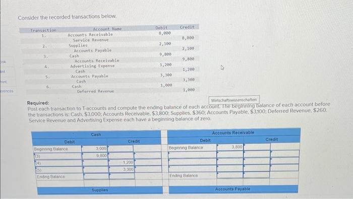 Consider the recorded transactions below.
Required:
Post each transaction to T-accounts and compute the ending balance of eac