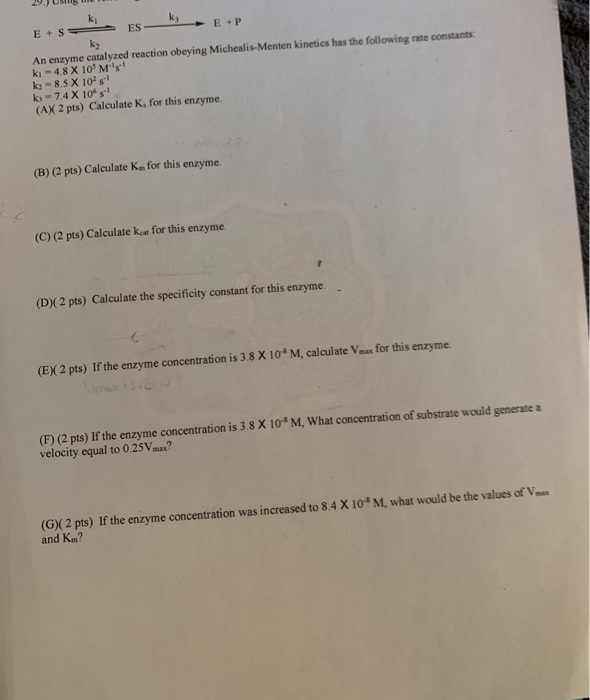 Solved ki E+ S ES E+P k- An enzyme catalyzed reaction | Chegg.com