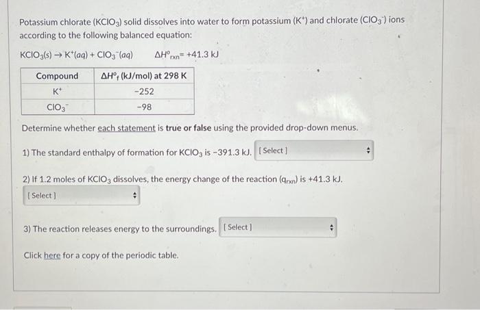 Solved Potassium chlorate (KClO3) solid dissolves into water | Chegg.com