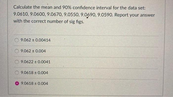 Solved Calculate the mean and 90% confidence interval for | Chegg.com