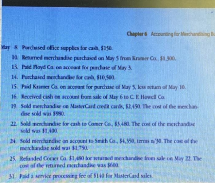 Solved May 8. Purchased office supplies for cash, 150. 10.