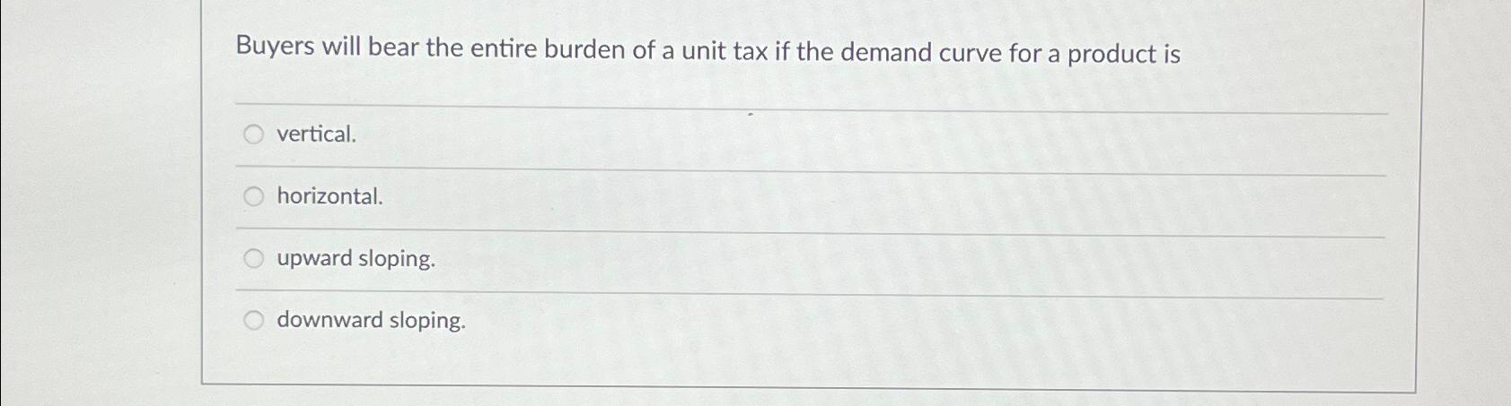 Solved Buyers will bear the entire burden of a unit tax if | Chegg.com