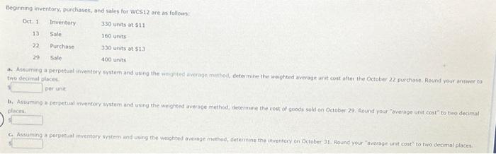 Solved Beginning inventory, purchases, and sales for WCS 12 | Chegg.com