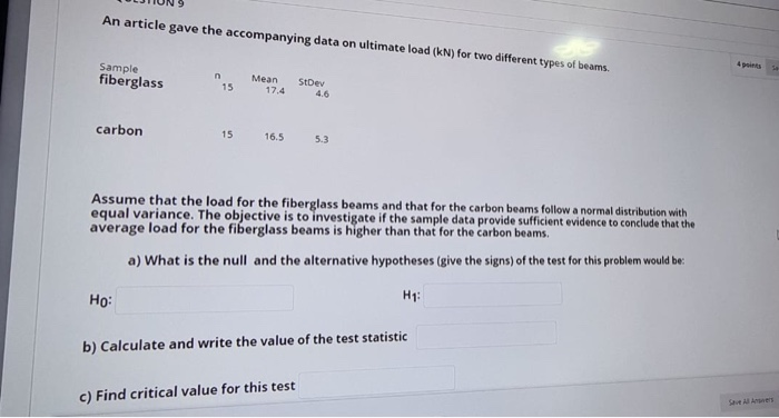 Solved An article gave the accompanying data on ultimate | Chegg.com