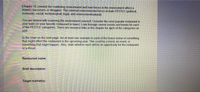 Solved Chapter 15 covered the marketing environment and how | Chegg.com