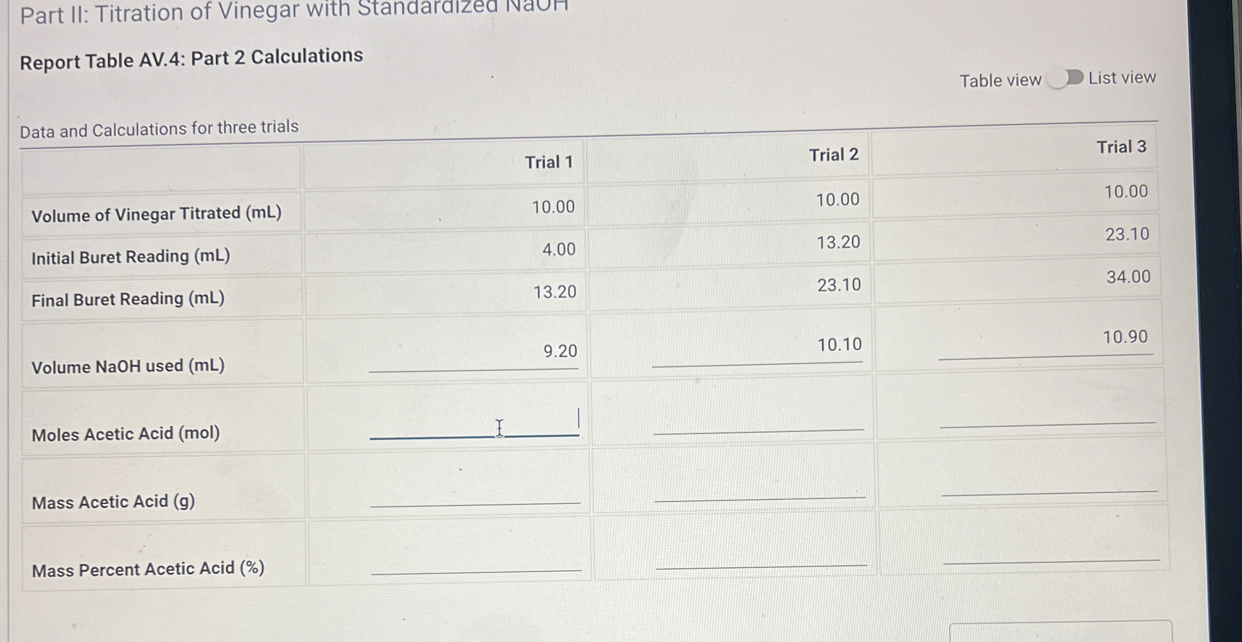 Part II Titration of Vinegar with StandaraIzed