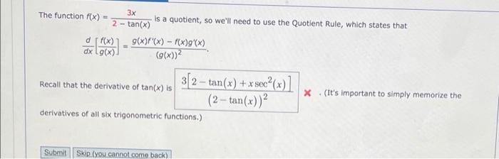 Solved 3x The Function F X 2 Tan X Is A Quotient So We Ll