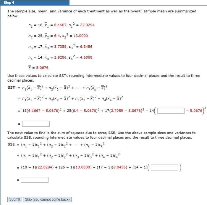Solved Step 4 The sample size, mean, and variance of each | Chegg.com