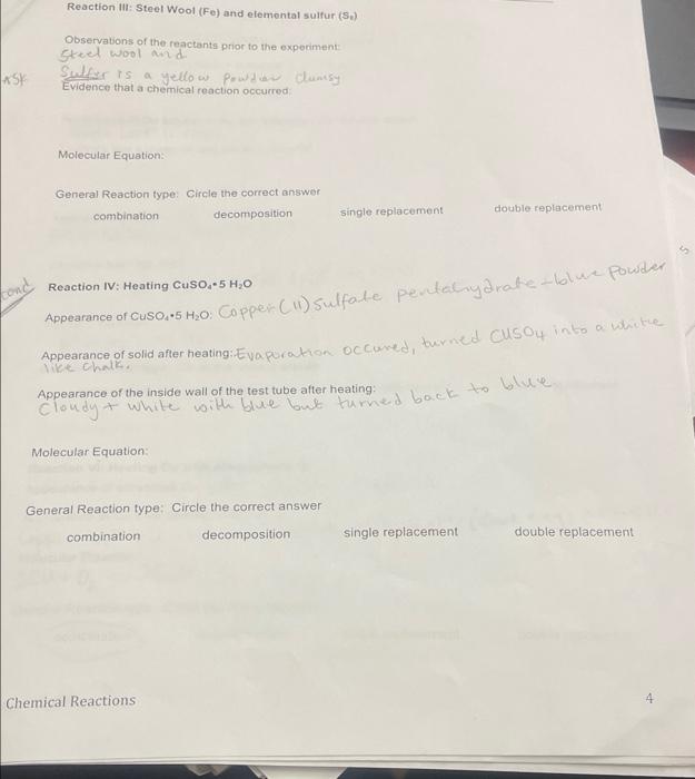 Solved Reaction III Steel Wool (Fe) and elemental sulfur