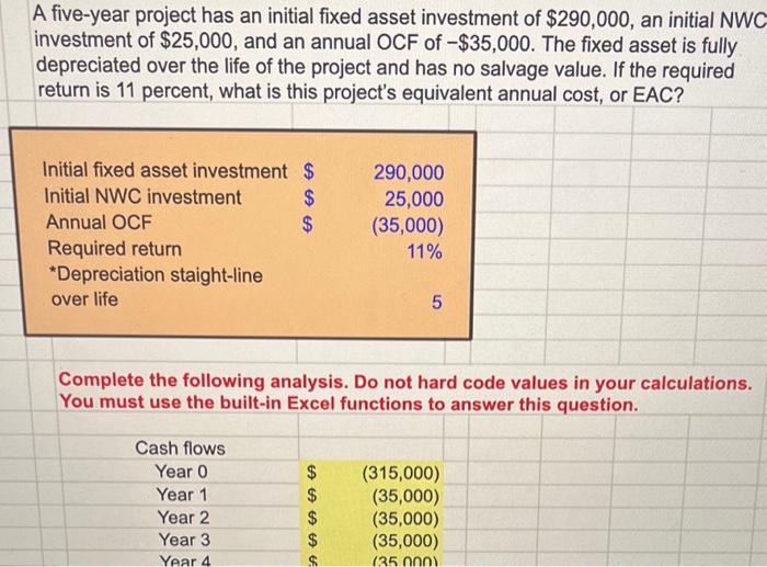 A five-year project has an initial fixed asset investment of \( \$ 290,000 \), an initial NWC investment of \( \$ 25,000 \), 