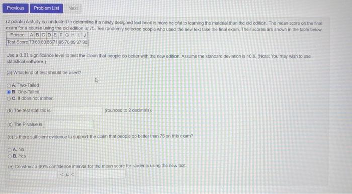 Solved Previous Problem List Next 12 points) A study is | Chegg.com