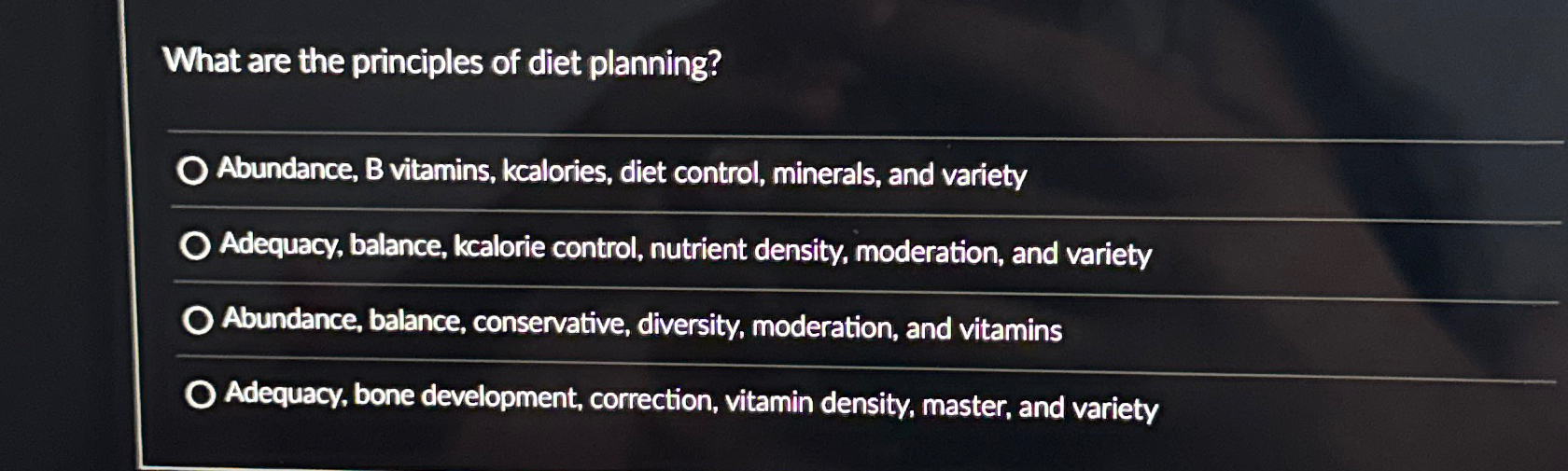 Solved What are the principles of diet planning?Abundance, B | Chegg.com