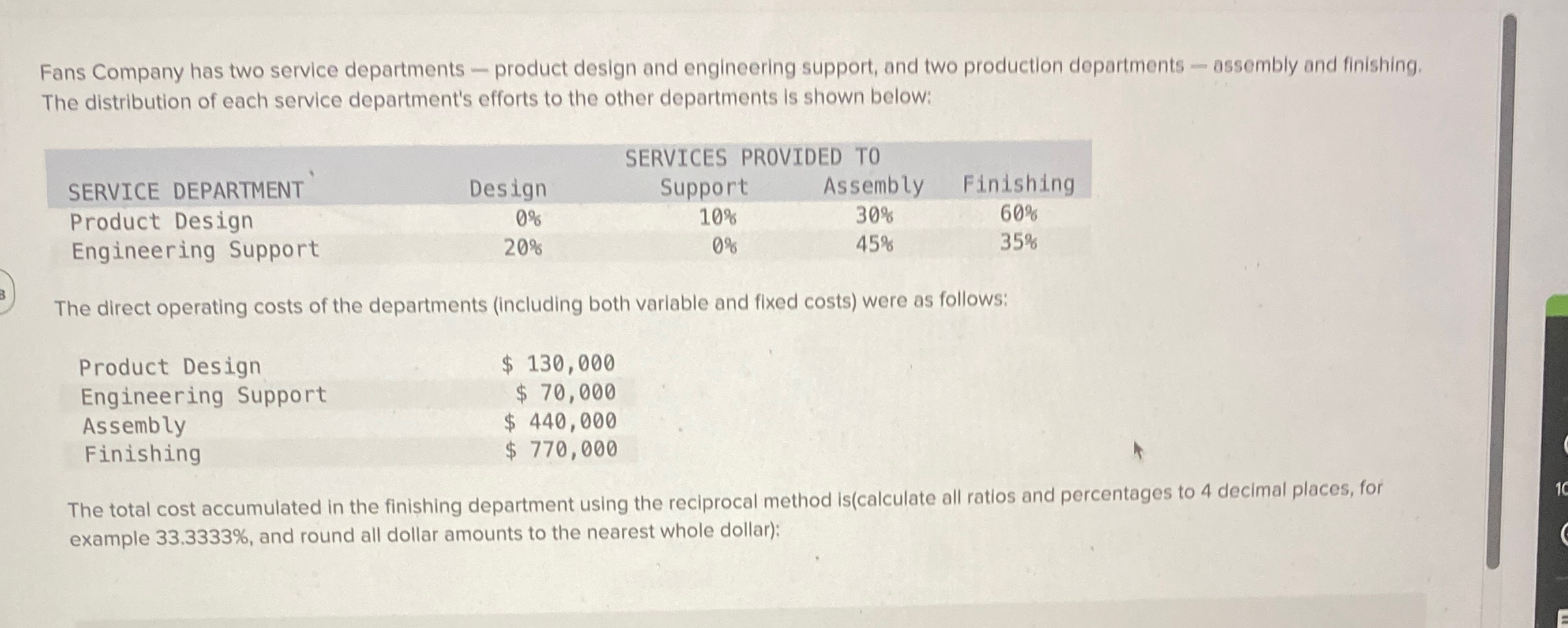 Solved Fans Company has two service departments - ﻿product | Chegg.com