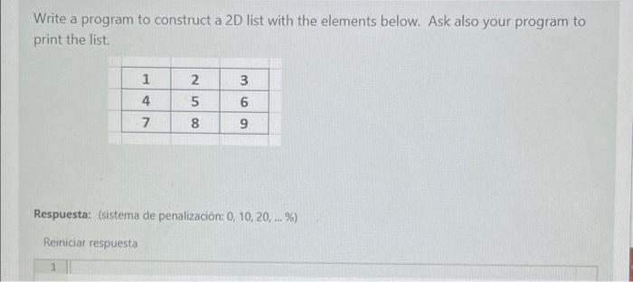 Write a program to construct a 2D list with the elements below. Ask also your program to print the list. Respuesta: (sistema