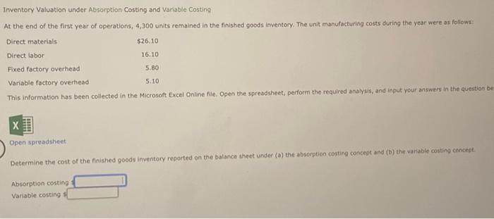 Solved Inventory Valuation Under Absorption Costing And | Chegg.com