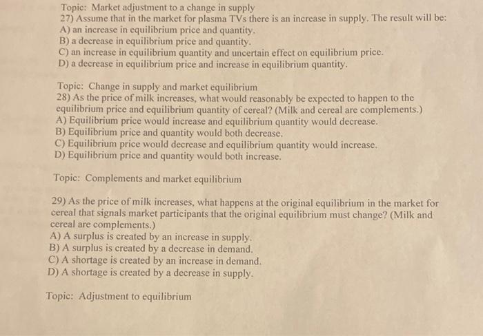 Solved Topic: Market adjustment to a change in supply 27) | Chegg.com