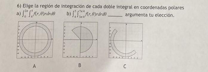 6) Elige la región de integración de cada doble integral en coordenadas polares a) \( \int_{0}^{2 \pi} \int_{4}^{5} f(r, \the