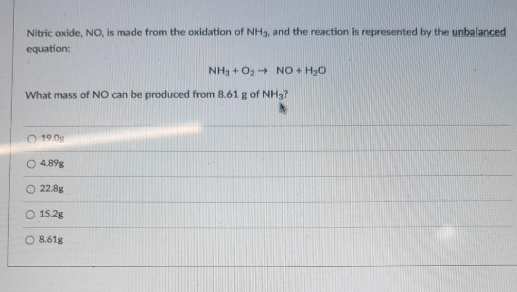 Solved Nitric oxide, NO, is made from the oxidation of NH3,