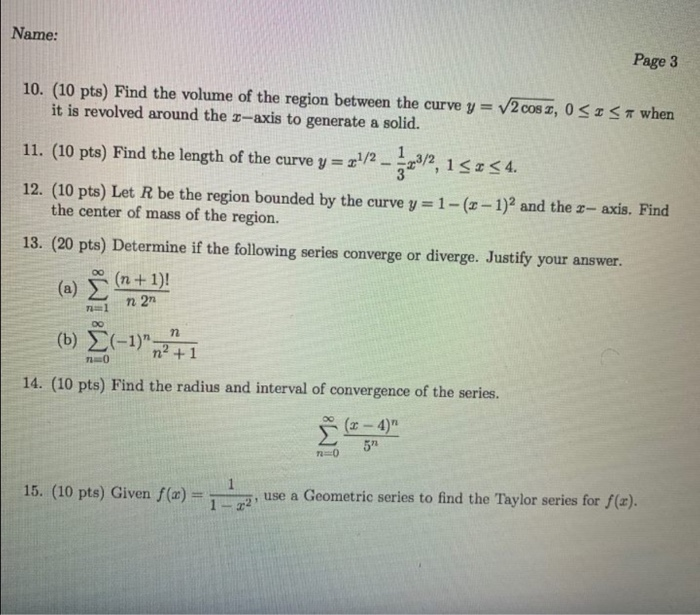 Solved Name: Page 3 10. (10 pts) Find the volume of the | Chegg.com