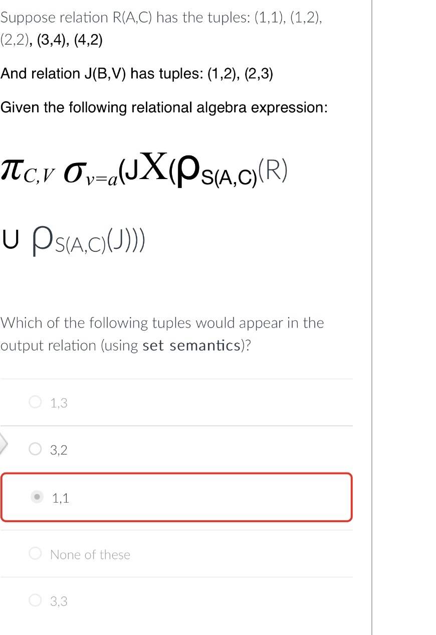 Solved Suppose relation R(A,C) ﻿has the tuples: | Chegg.com