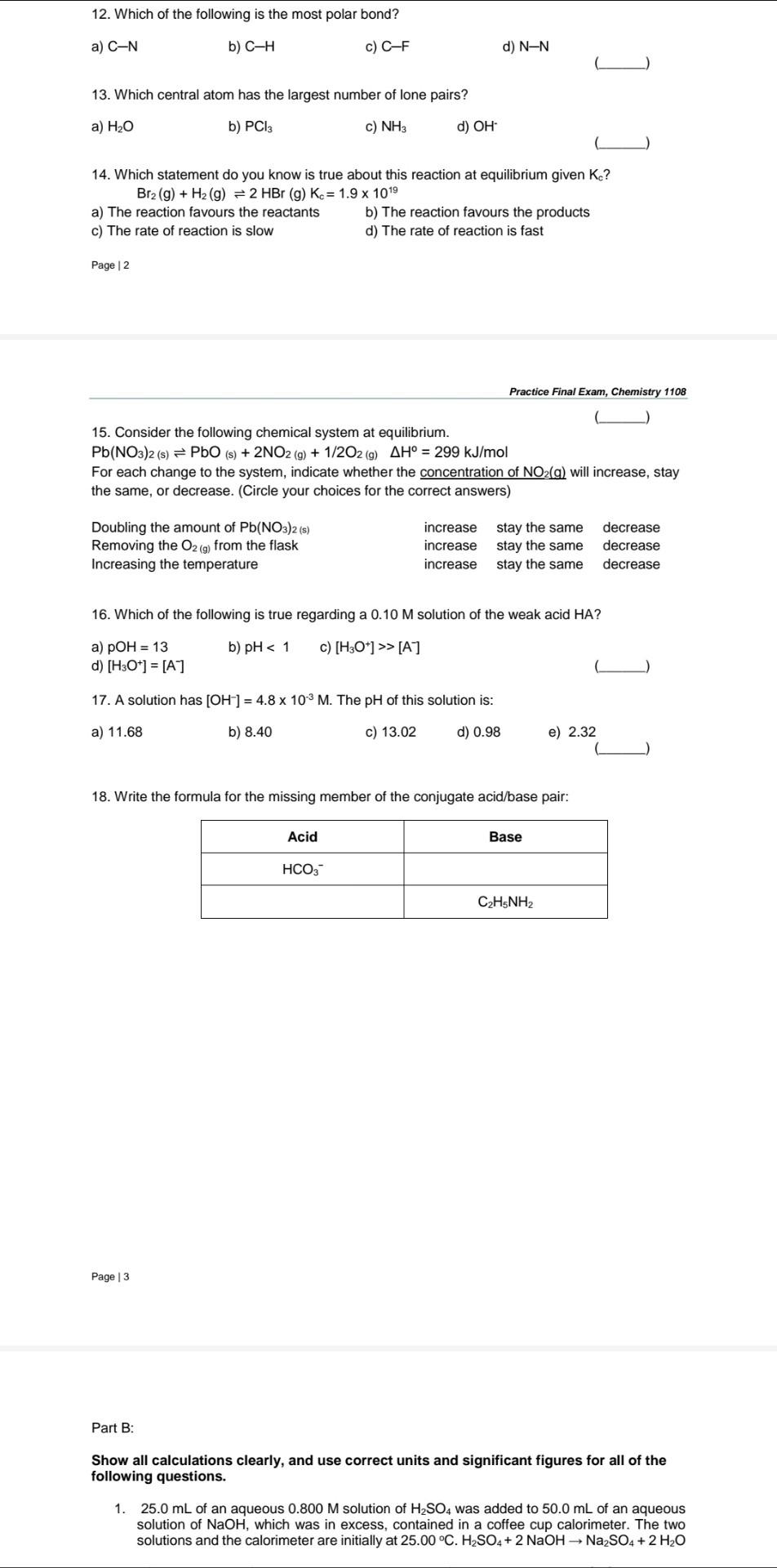 Solved Part A (Short Answer/Multiple Choice): Place your | Chegg.com