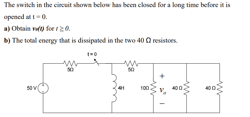 Solved The switch in the circuit shown below has been closed | Chegg.com