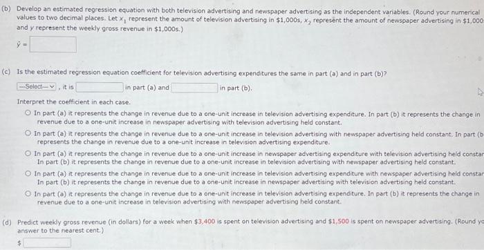 Solved (a) Develop an estimated regression equation with the | Chegg.com
