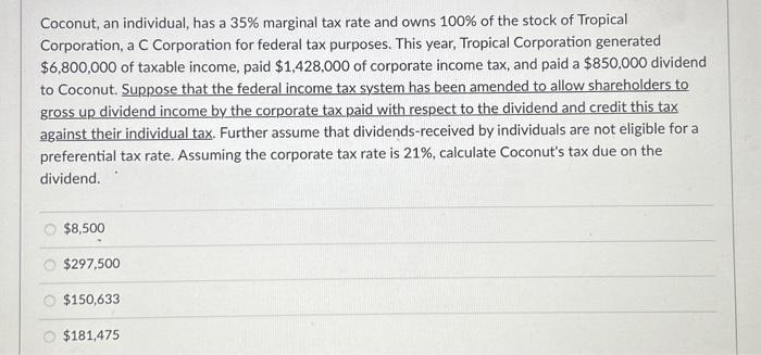 Solved Coconut, an individual, has a 35% marginal tax rate | Chegg.com