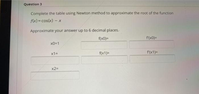Solved Question 3 Complete the table using Newton method to | Chegg.com